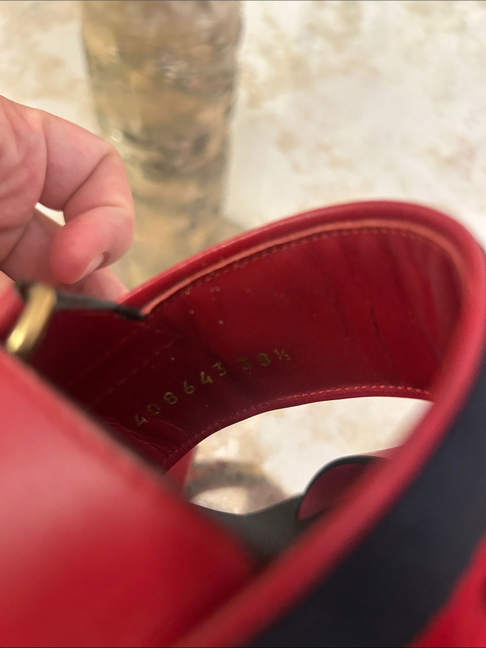 Gucci Red Leather and Navy Web Horsebit Sandals - Picture 4 of 7